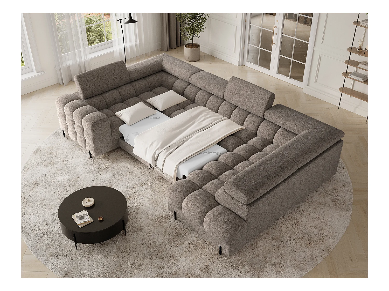 Grand canapé en U en tissu KARBON – Avec fonction lit et coffre-Marron-Méridienne A droite