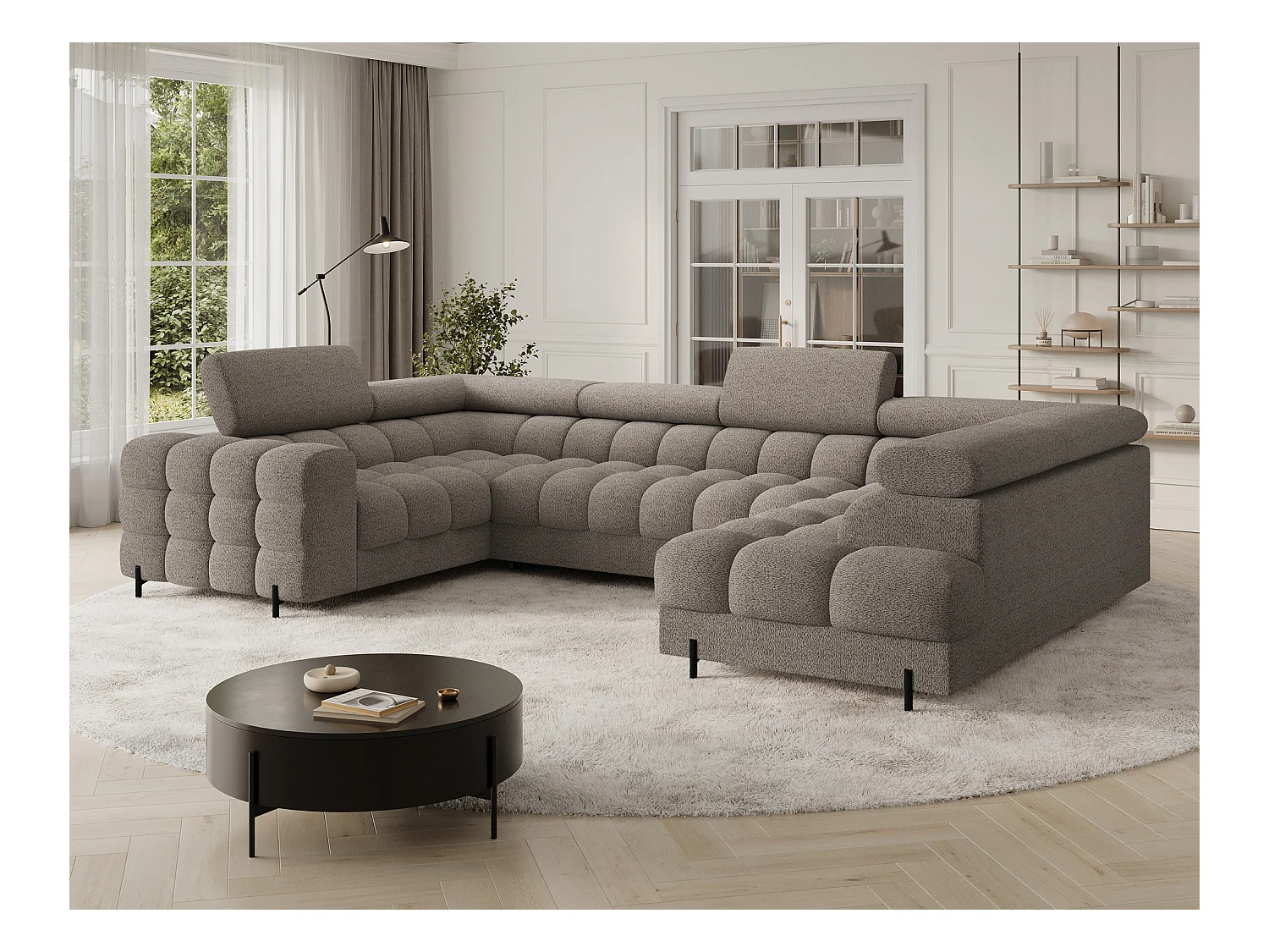 Grand canapé en U en tissu KARBON – Avec fonction lit et coffre-Marron-Méridienne A droite