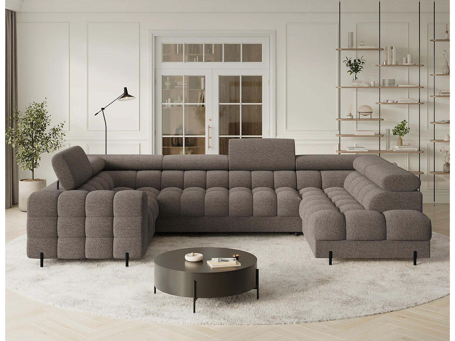 Grand canapé en U en tissu KARBON – Avec fonction lit et coffre-Marron-Méridienne A droite