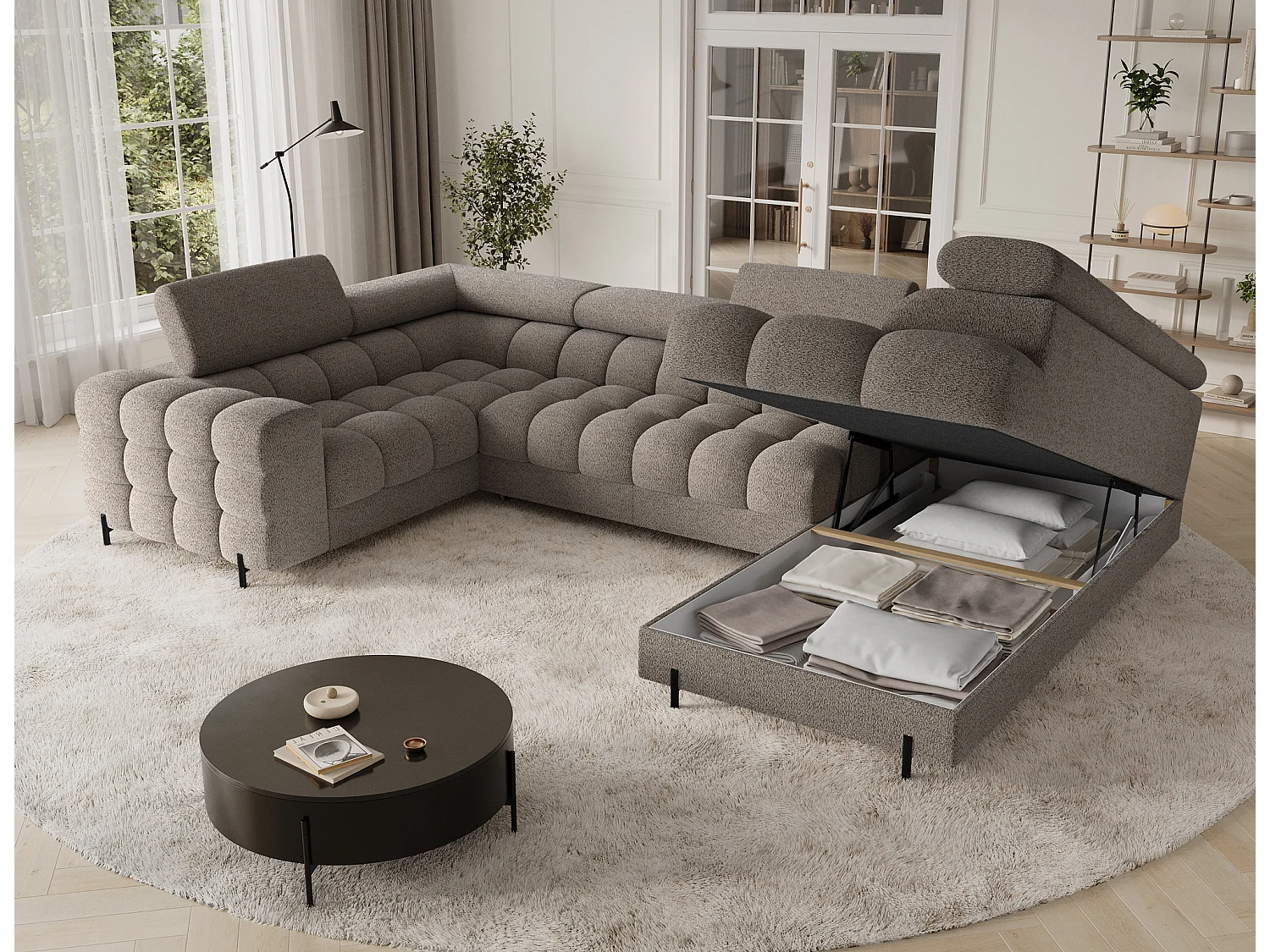 Grand canapé en U en tissu KARBON – Avec fonction lit et coffre-Marron-Méridienne A droite