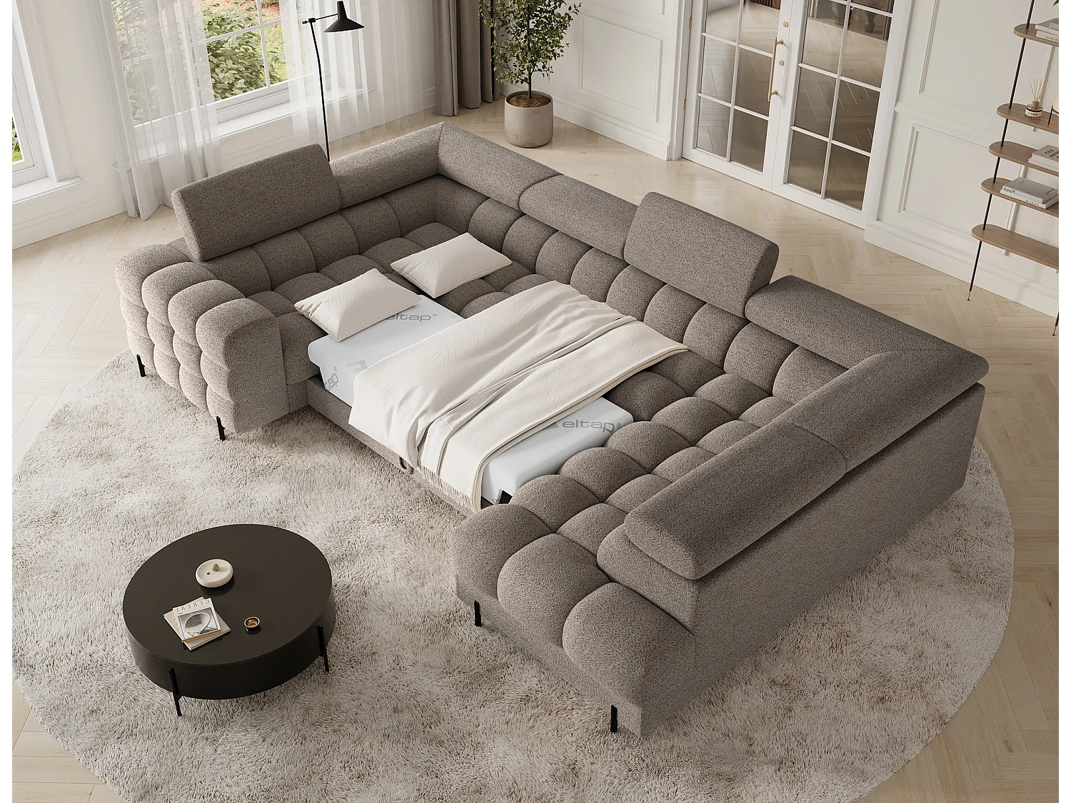 Grand canapé en U en tissu KARBON – Avec fonction lit et coffre-Marron-Méridienne A droite