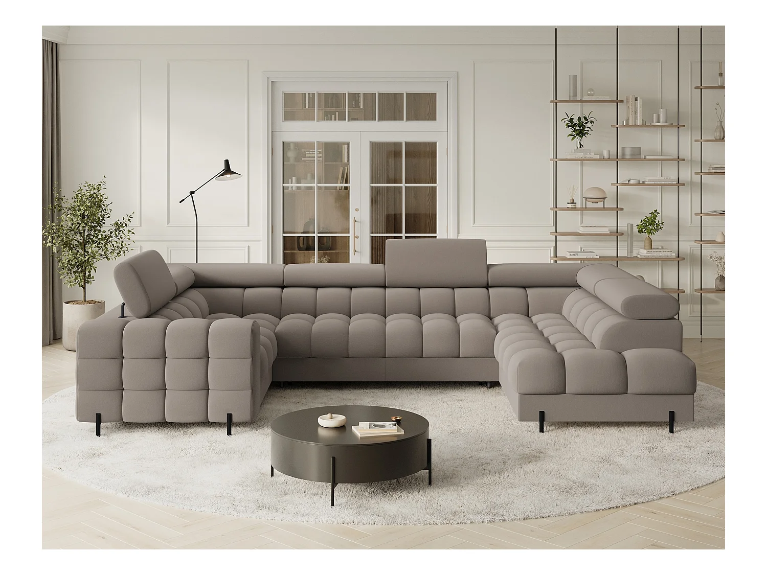 Grand canapé en U en tissu KARBON – Avec fonction lit et coffre-Taupe-Méridienne A droite