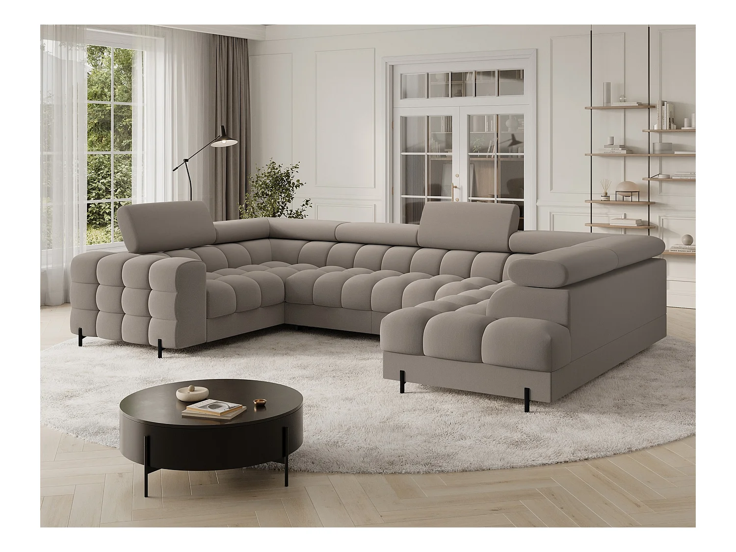 Grand canapé en U en tissu KARBON – Avec fonction lit et coffre-Taupe-Méridienne A droite