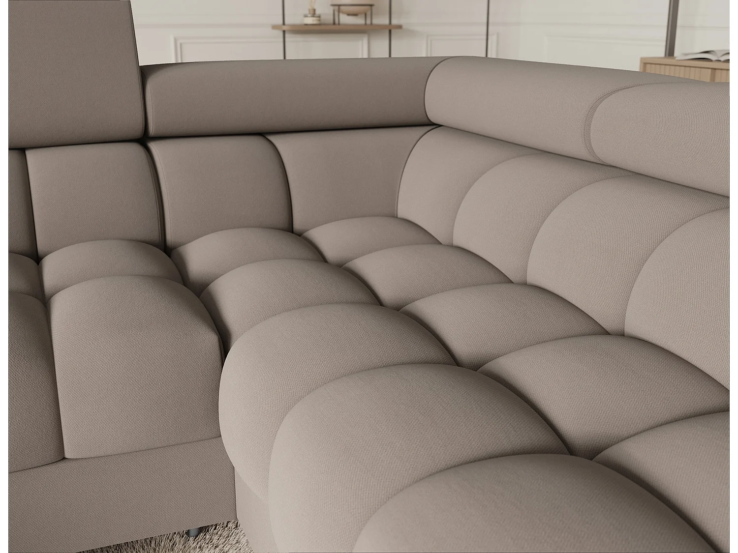 Grand canapé en U en tissu KARBON – Avec fonction lit et coffre-Taupe-Méridienne A droite