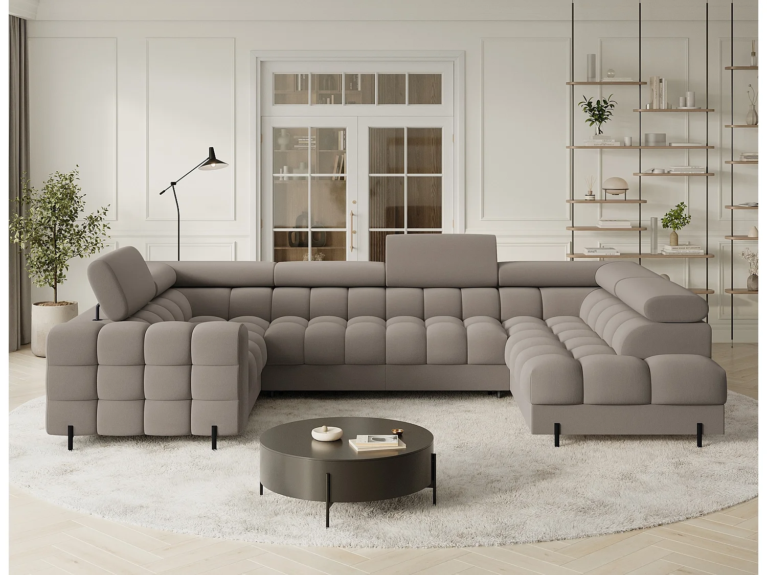 Grand canapé en U en tissu KARBON – Avec fonction lit et coffre-Taupe-Méridienne A droite