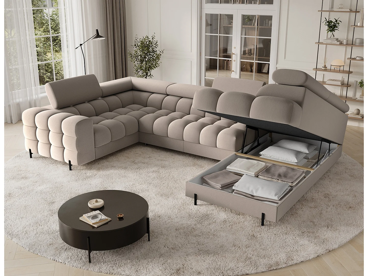 Grand canapé en U en tissu KARBON – Avec fonction lit et coffre-Taupe-Méridienne A droite