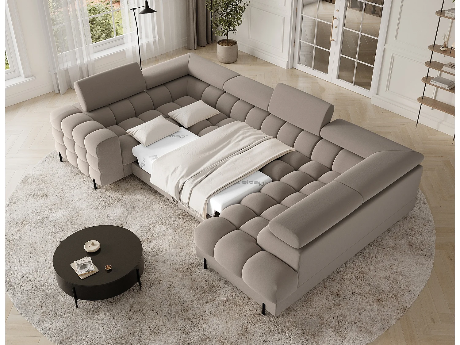 Grand canapé en U en tissu KARBON – Avec fonction lit et coffre-Taupe-Méridienne A droite