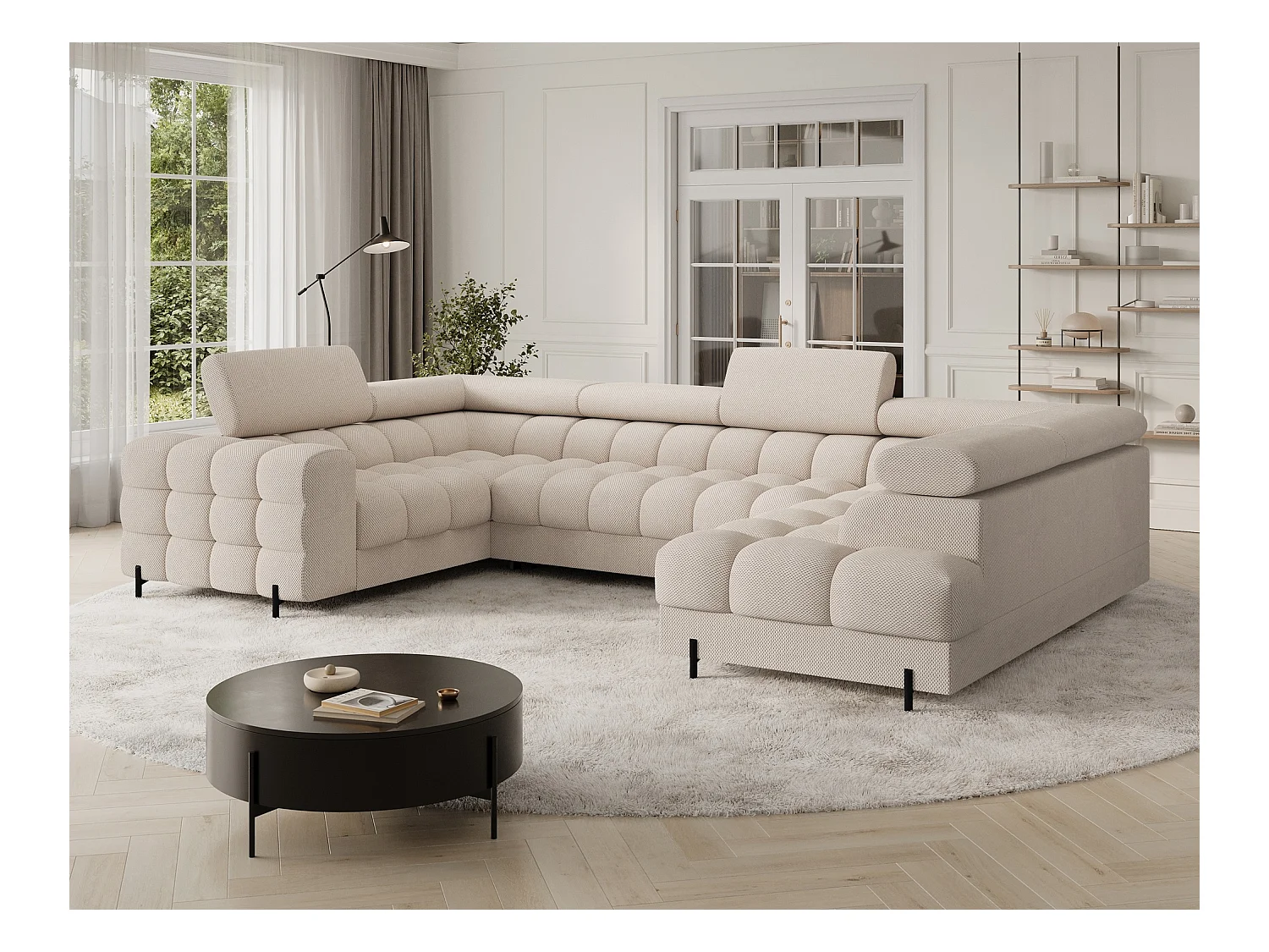 Grand canapé en U en tissu KARBON – Avec fonction lit et coffre-Beige clair-Méridienne A droite