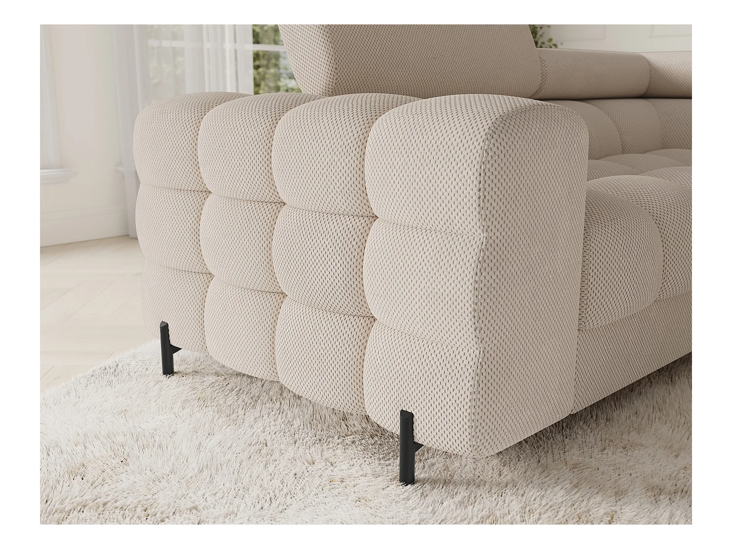 Grand canapé en U en tissu KARBON – Avec fonction lit et coffre-Beige clair-Méridienne A droite