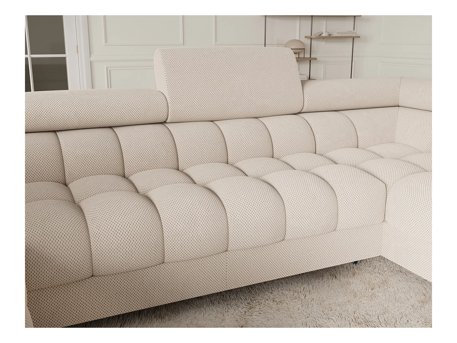 Grand canapé en U en tissu KARBON – Avec fonction lit et coffre-Beige clair-Méridienne A droite