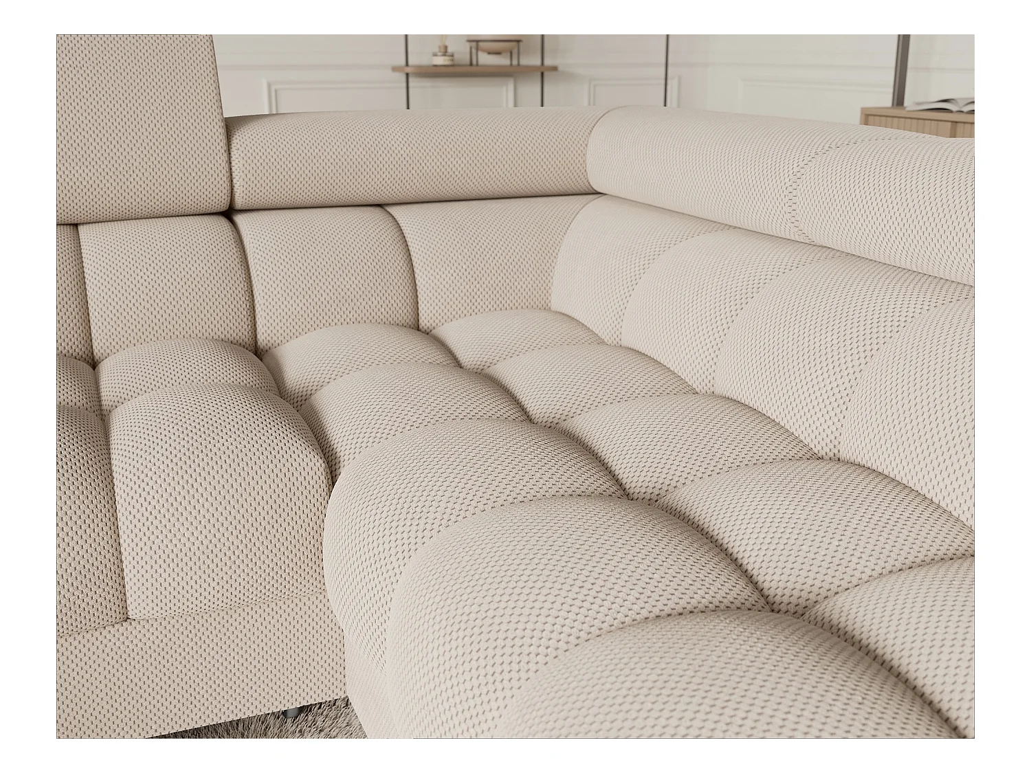 Grand canapé en U en tissu KARBON – Avec fonction lit et coffre-Beige clair-Méridienne A droite