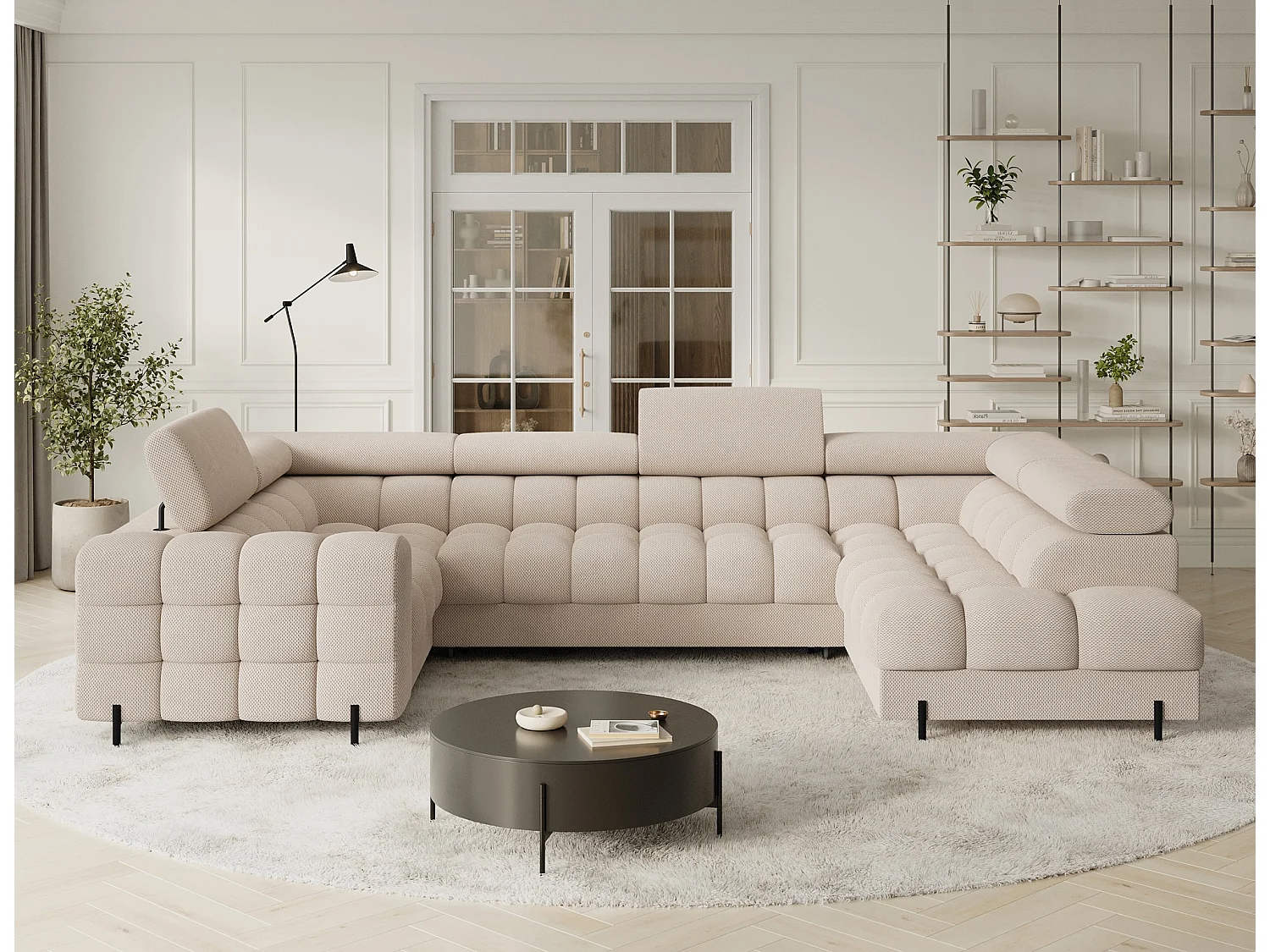 Grand canapé en U en tissu KARBON – Avec fonction lit et coffre-Beige clair-Méridienne A droite