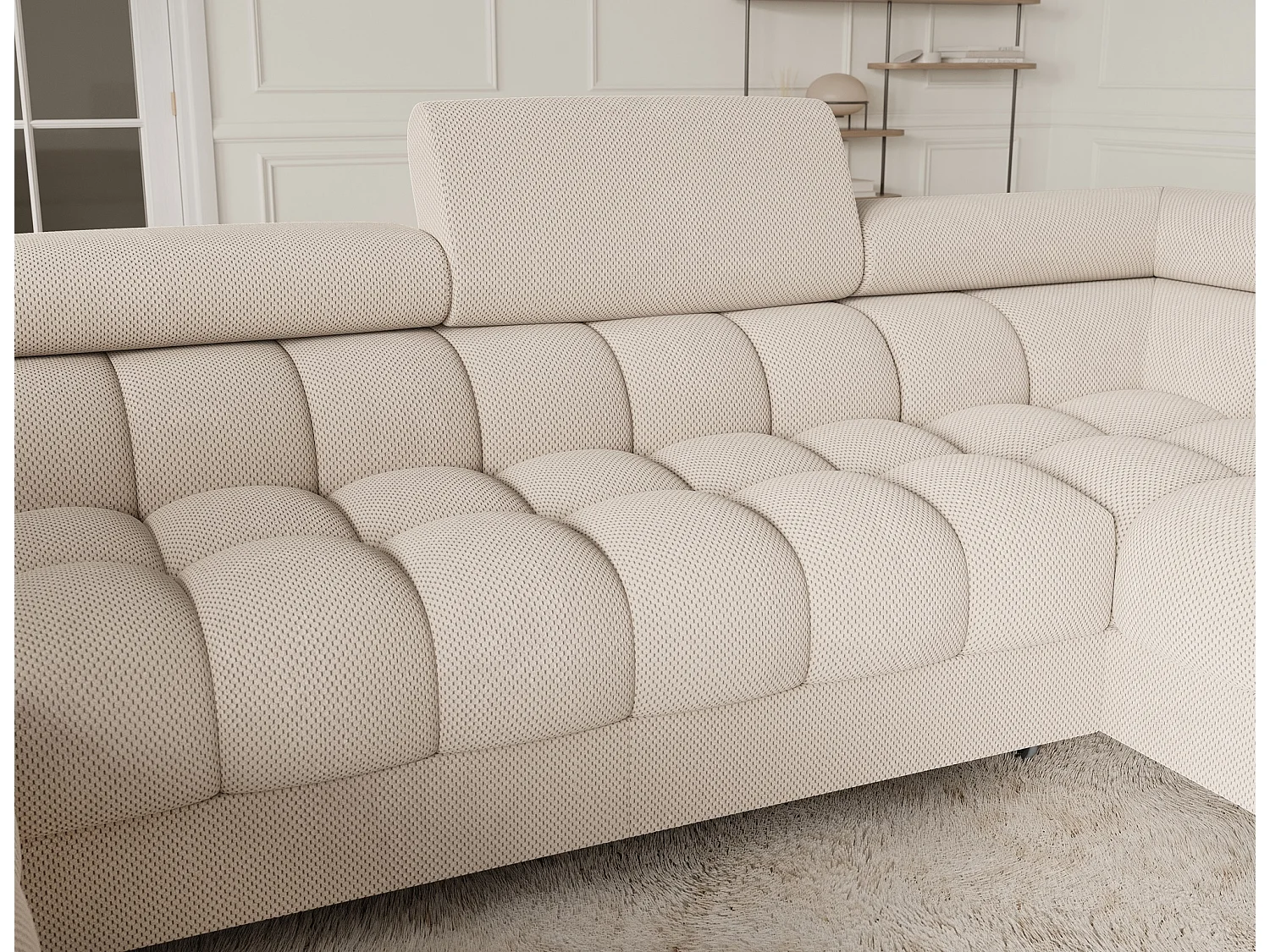 Grand canapé en U en tissu KARBON – Avec fonction lit et coffre-Beige clair-Méridienne A droite