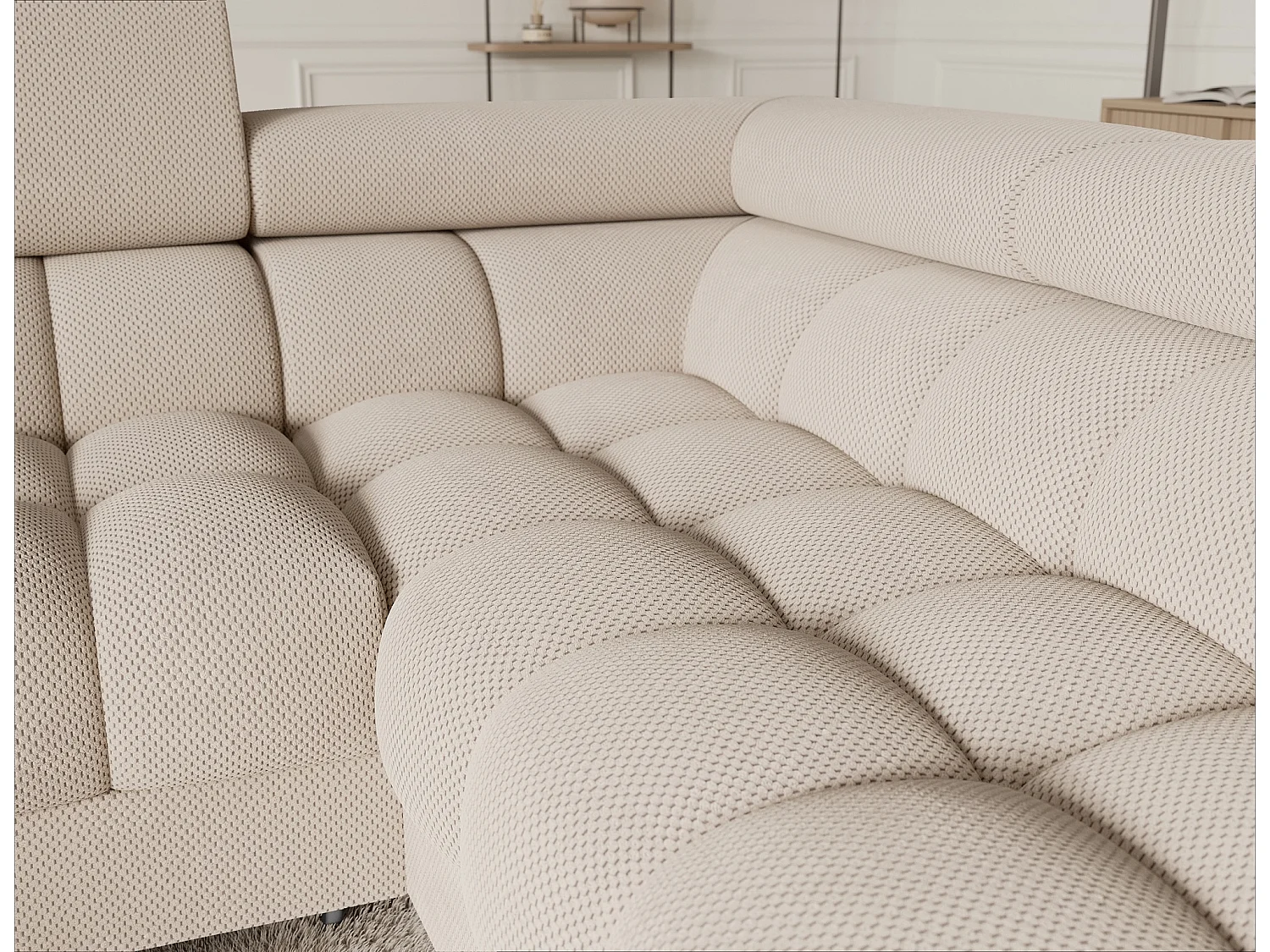 Grand canapé en U en tissu KARBON – Avec fonction lit et coffre-Beige clair-Méridienne A droite