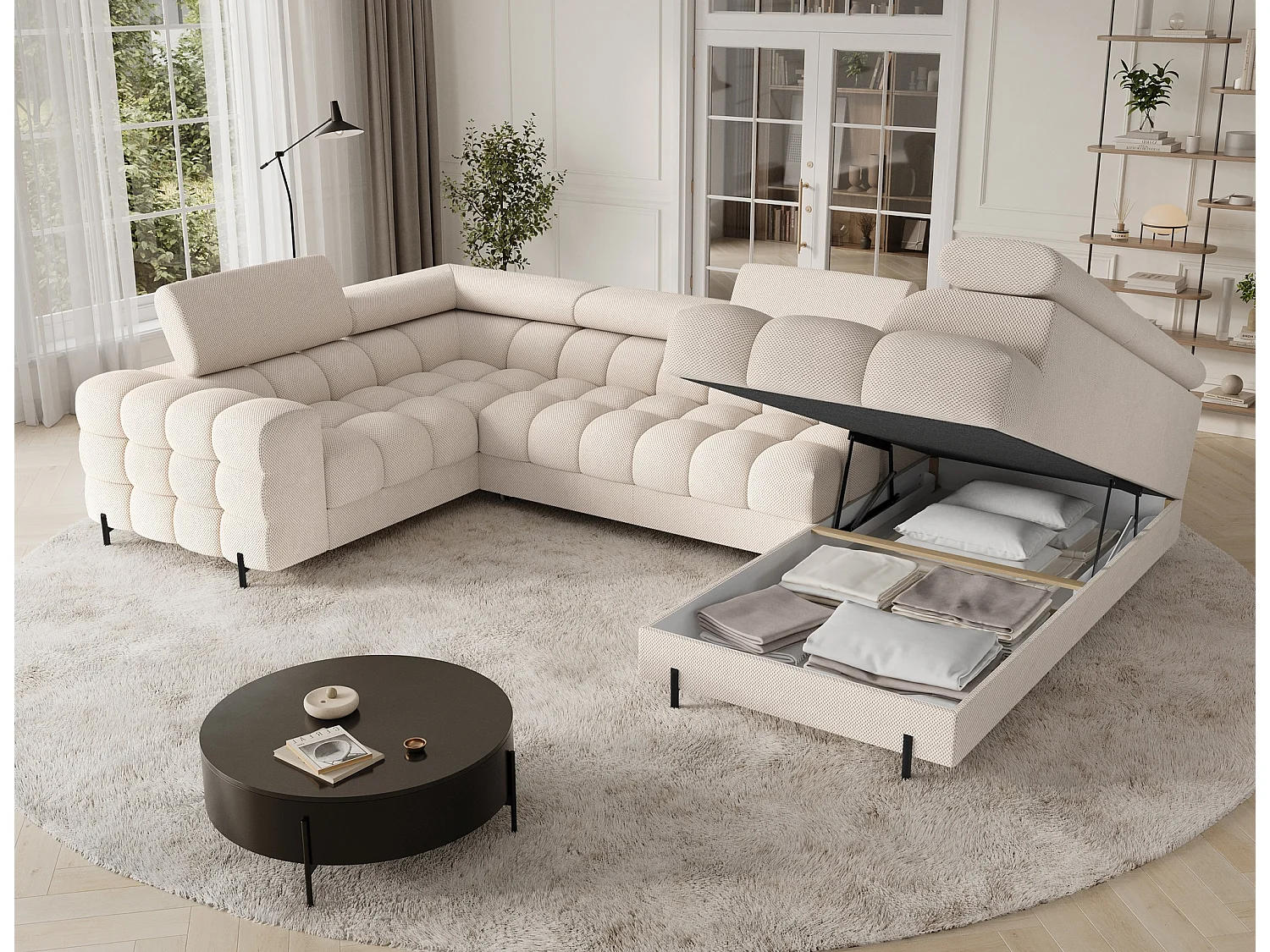Grand canapé en U en tissu KARBON – Avec fonction lit et coffre-Beige clair-Méridienne A droite