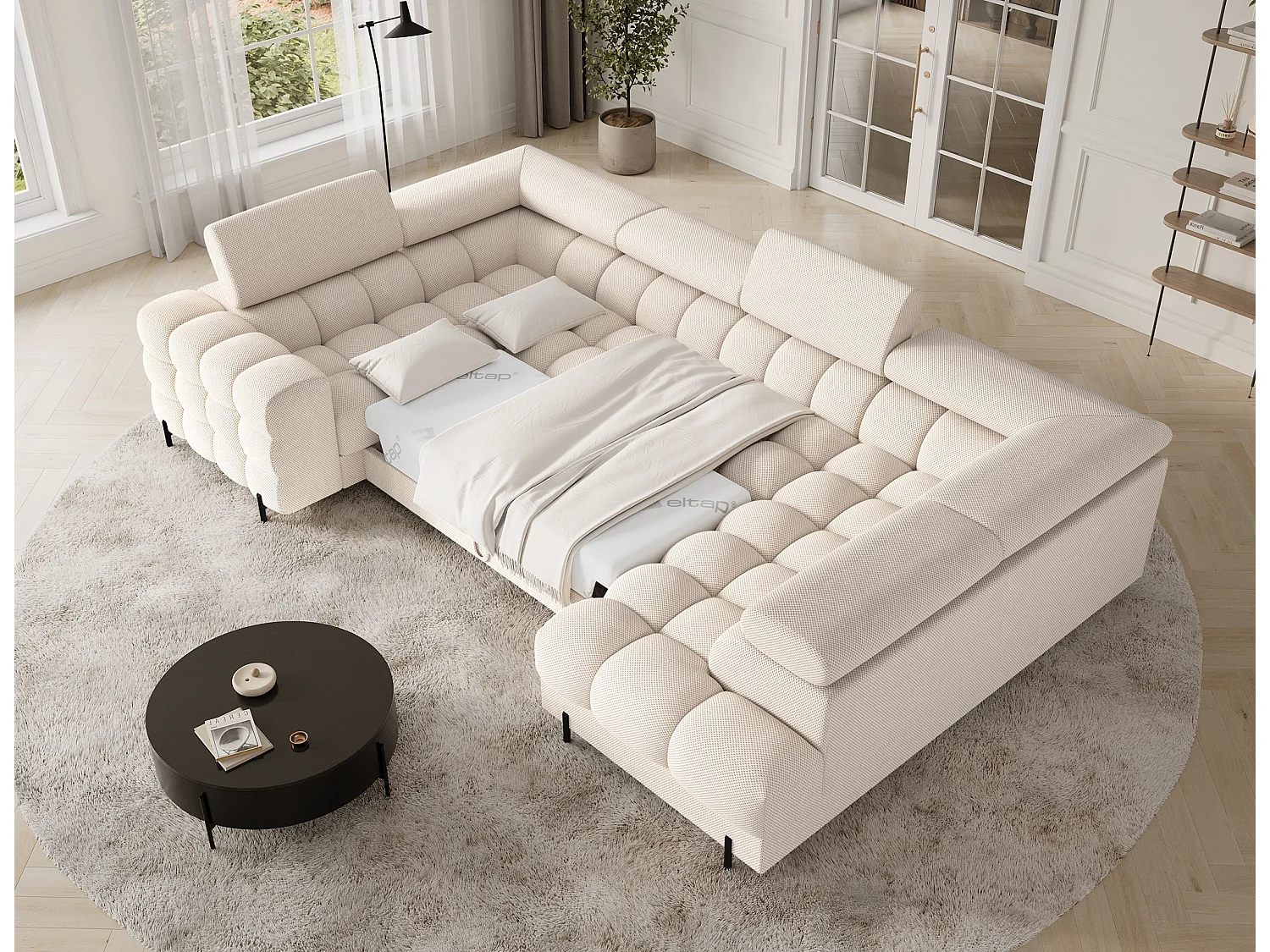 Grand canapé en U en tissu KARBON – Avec fonction lit et coffre-Beige clair-Méridienne A droite