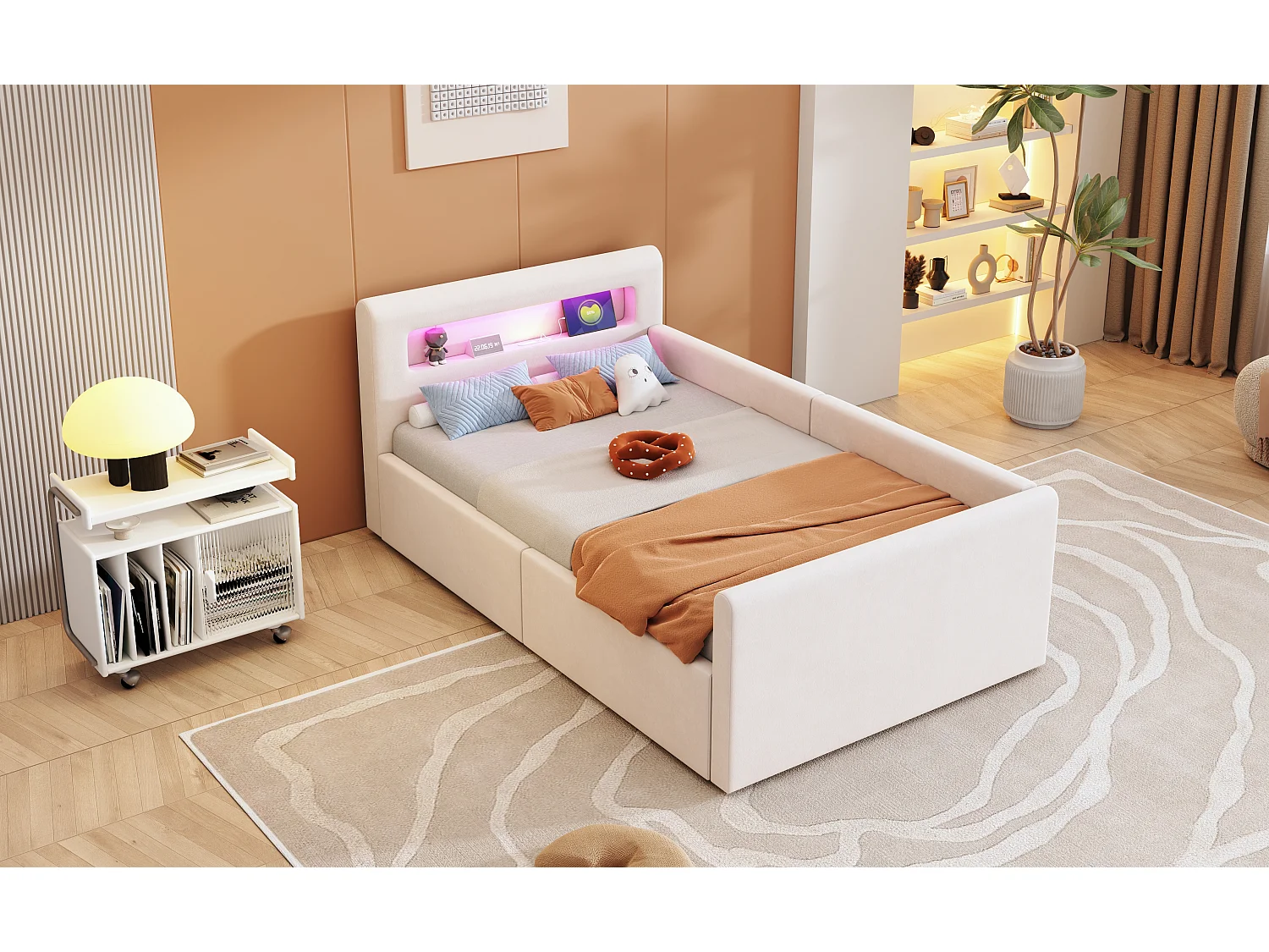 Lit enfant rembourré 90×200 cm, avec éclairage LED, prise USB, rangement hydraulique et tissu en velours beige