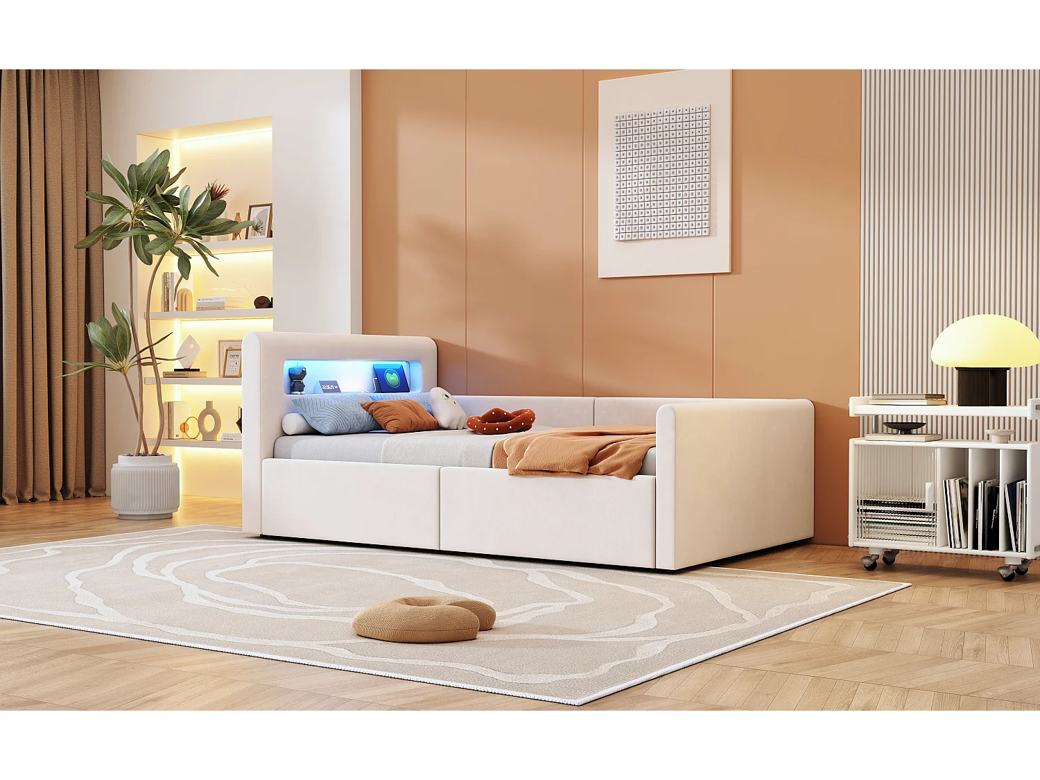 Lit enfant rembourré 90×200 cm, avec éclairage LED, prise USB, rangement hydraulique et tissu en velours beige