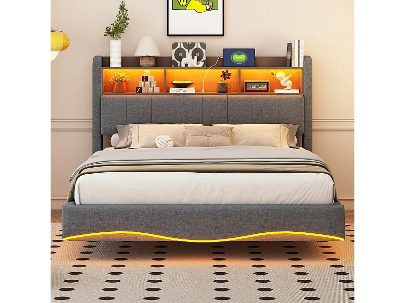 Lit suspendu design moderne 140×200 cm en tissu lin, lit de rangement multifonction avec éclairage LED et ports USB gris