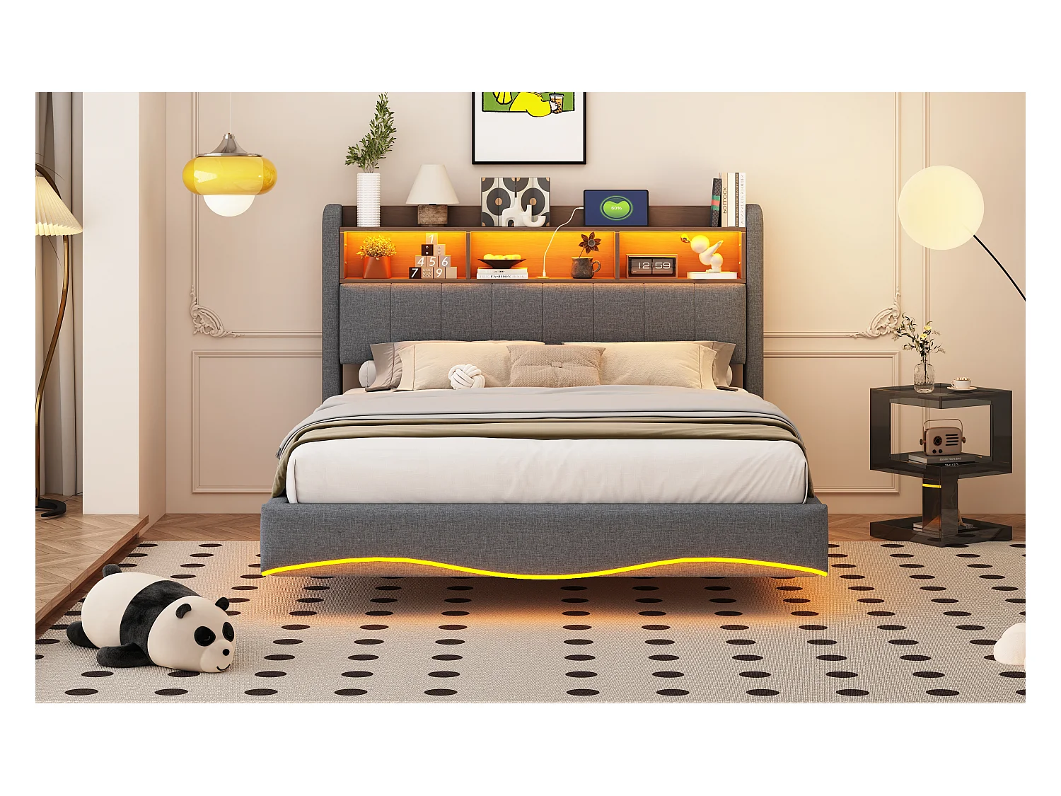 Lit suspendu design moderne 140×200 cm en tissu lin, lit de rangement multifonction avec éclairage LED et ports USB gris