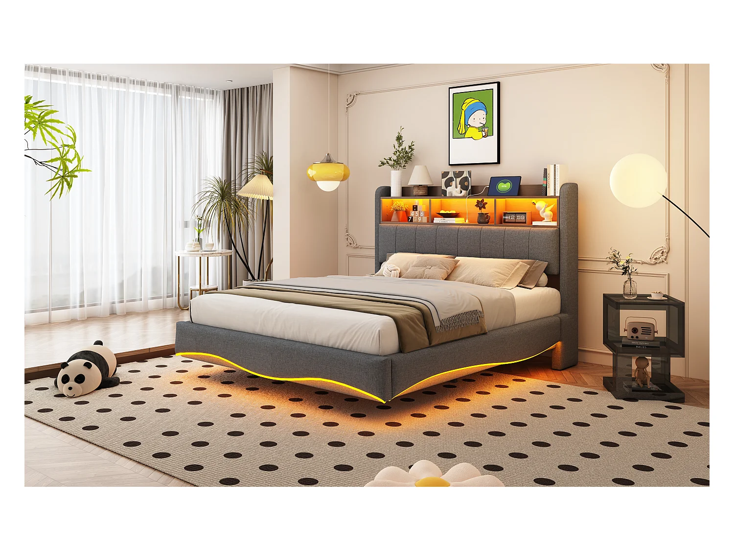 Lit suspendu design moderne 140×200 cm en tissu lin, lit de rangement multifonction avec éclairage LED et ports USB gris