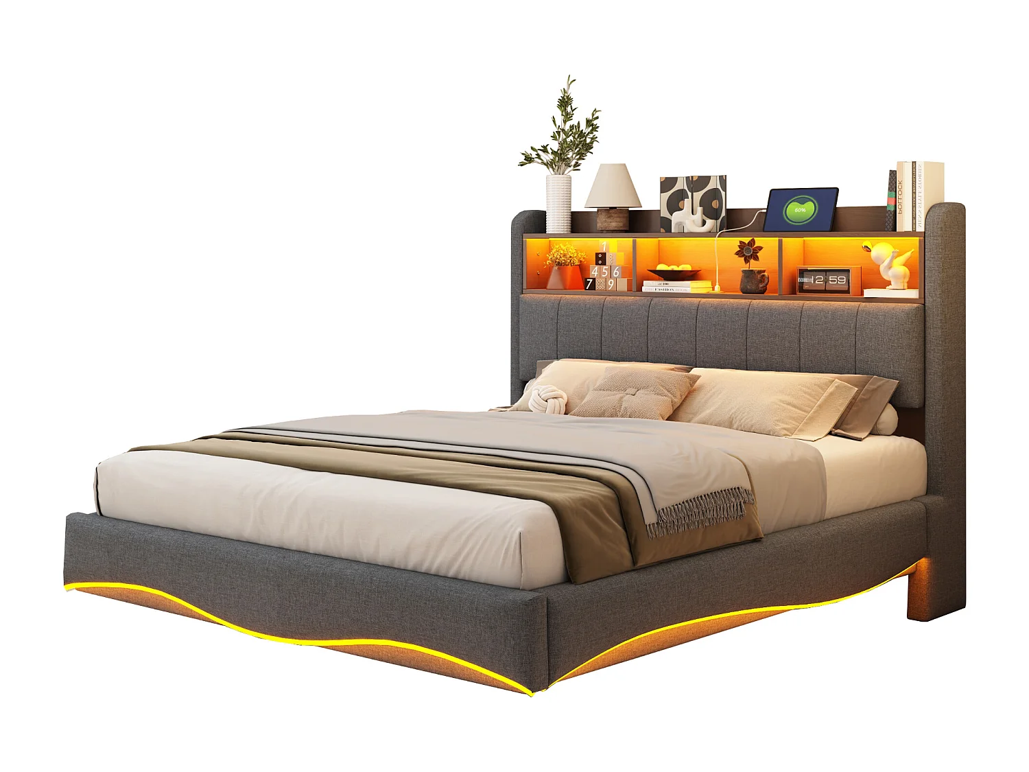 Lit suspendu design moderne 140×200 cm en tissu lin, lit de rangement multifonction avec éclairage LED et ports USB gris