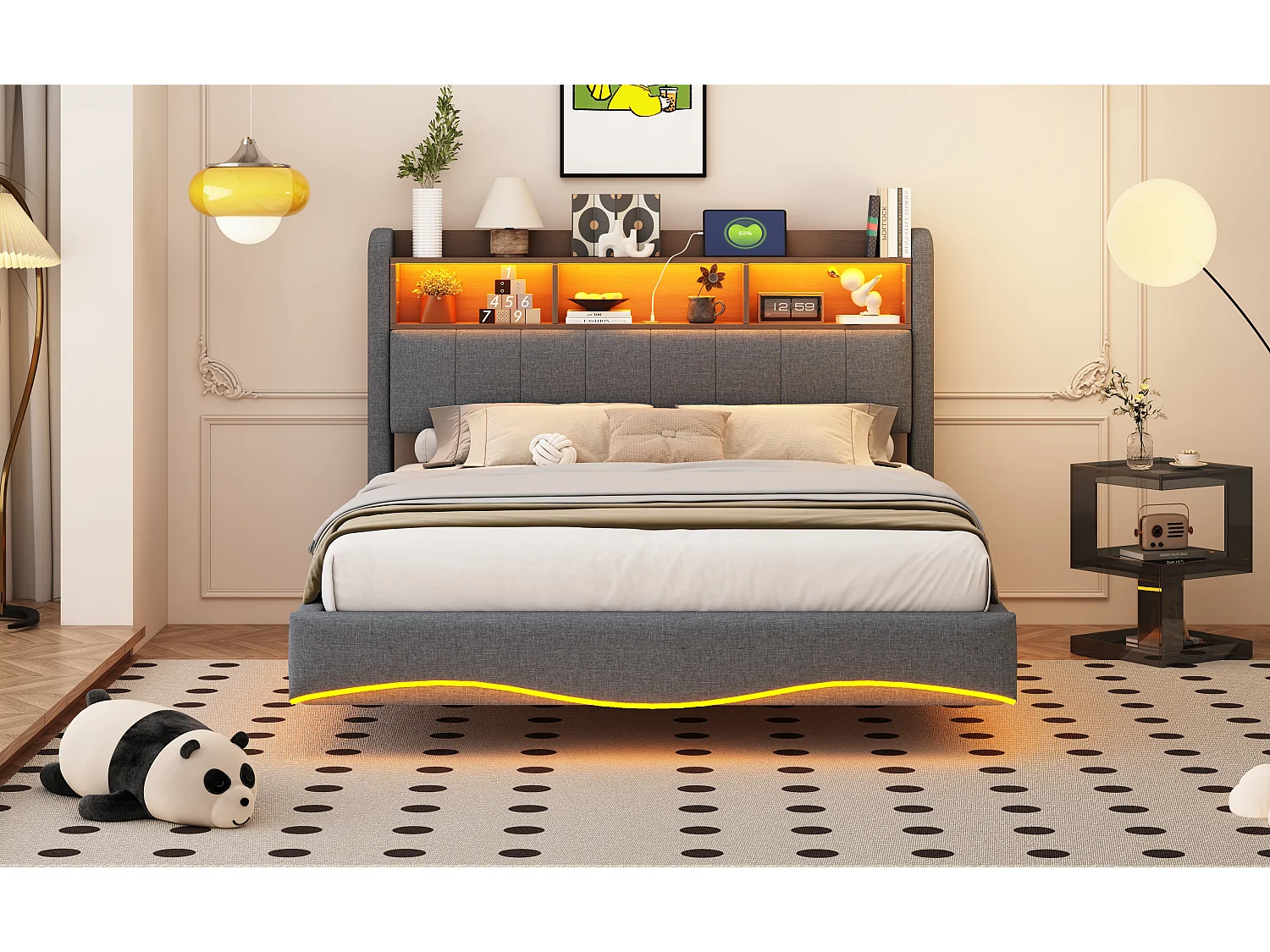 Lit suspendu design moderne 140×200 cm en tissu lin, lit de rangement multifonction avec éclairage LED et ports USB gris