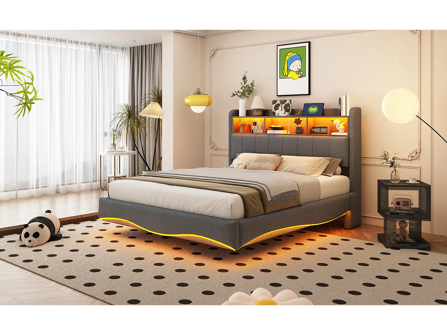 Lit suspendu design moderne 140×200 cm en tissu lin, lit de rangement multifonction avec éclairage LED et ports USB gris