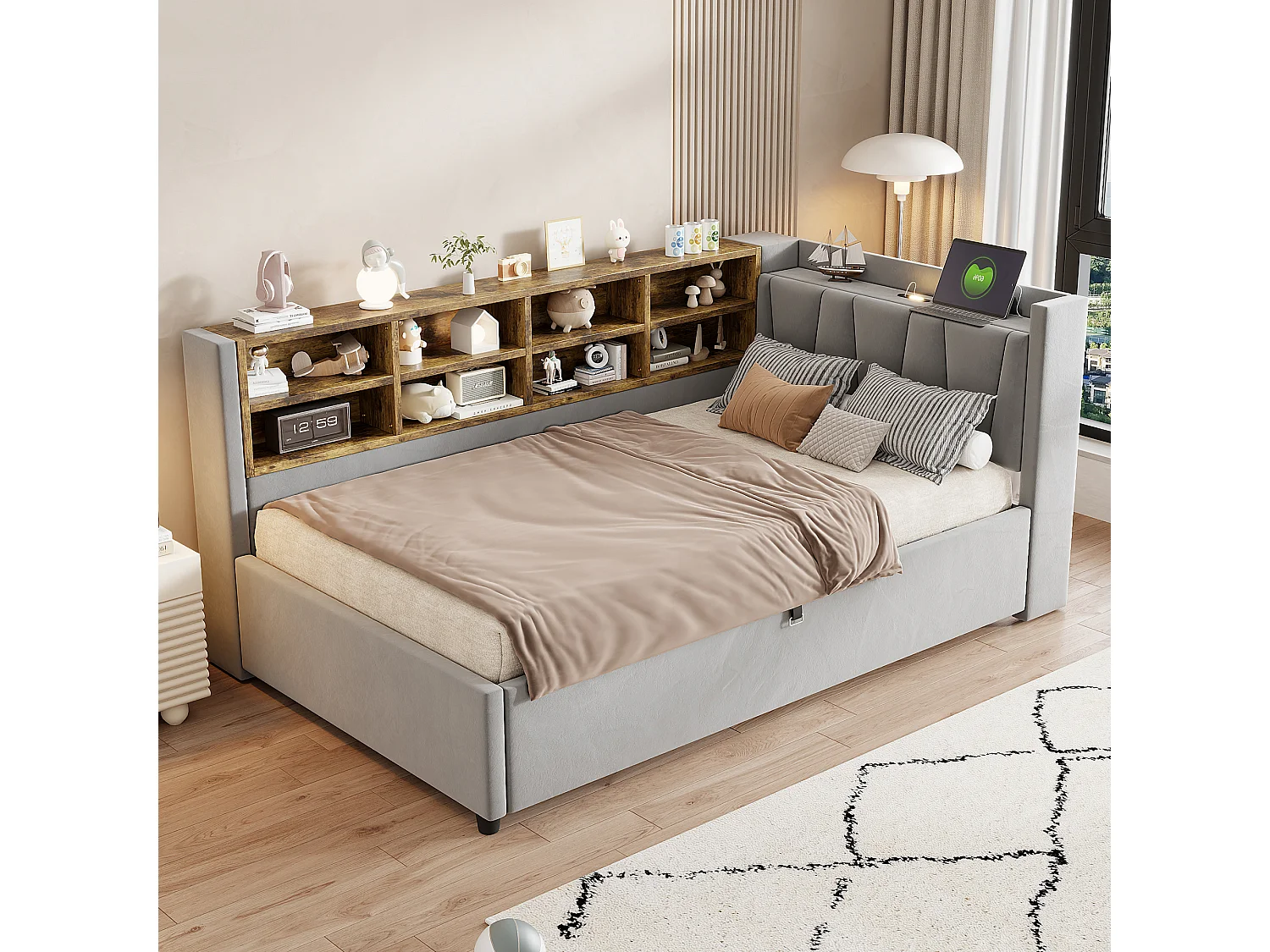 Lit multifonctionnel 90×200 cm, gris, avec rangement hydraulique, éclairage nocturne et prises USB