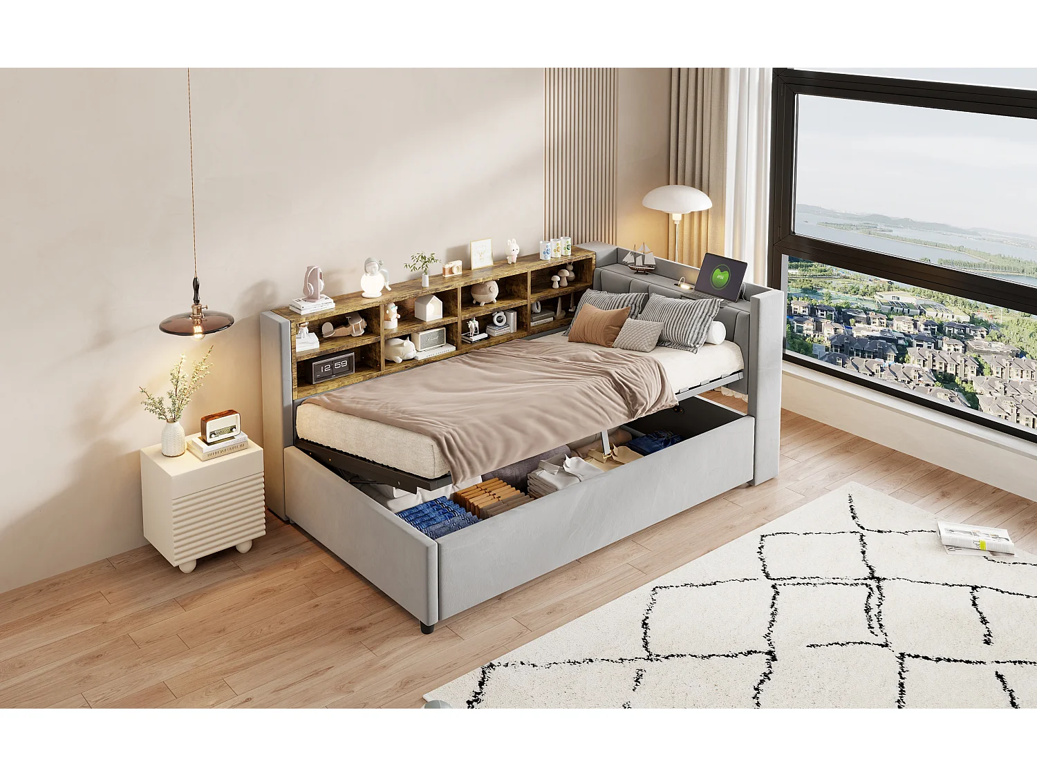 Lit multifonctionnel 90×200 cm, gris, avec rangement hydraulique, éclairage nocturne et prises USB