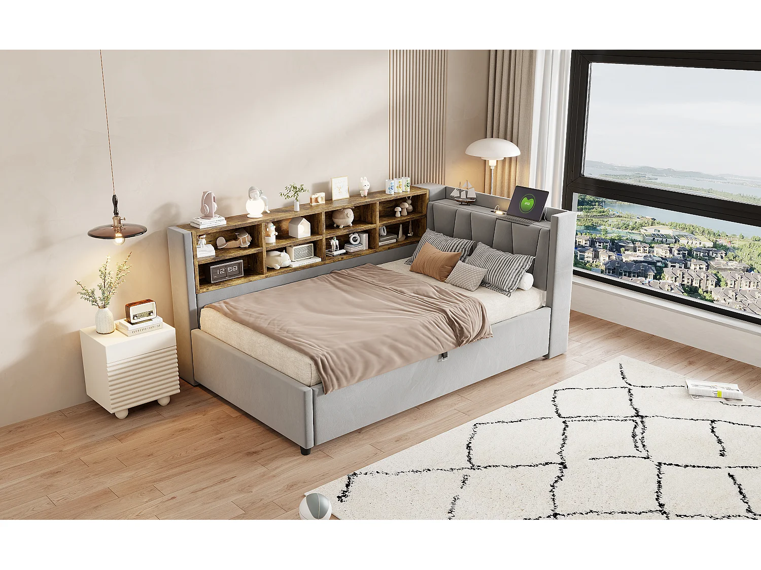 Lit multifonctionnel 90×200 cm, gris, avec rangement hydraulique, éclairage nocturne et prises USB