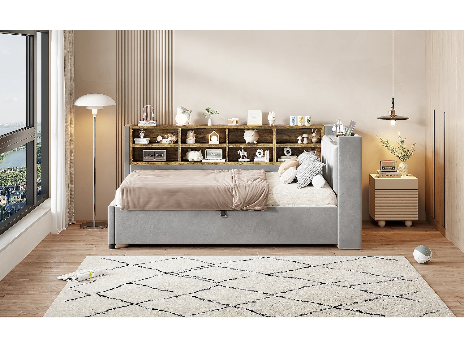 Lit multifonctionnel 90×200 cm, gris, avec rangement hydraulique, éclairage nocturne et prises USB