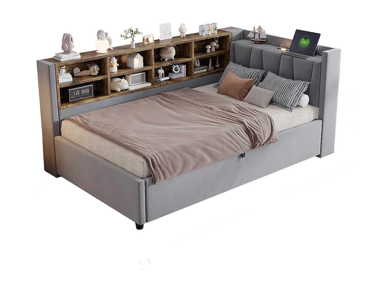 Lit multifonctionnel 90×200 cm, gris, avec rangement hydraulique, éclairage nocturne et prises USB