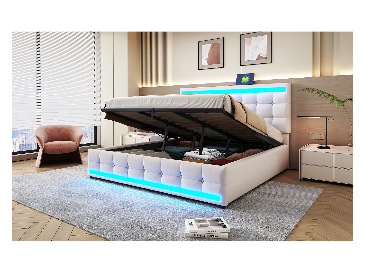 Lit rembourré 180×200 cm avec espace de rangement hydraulique et éclairage LED RGB, beige