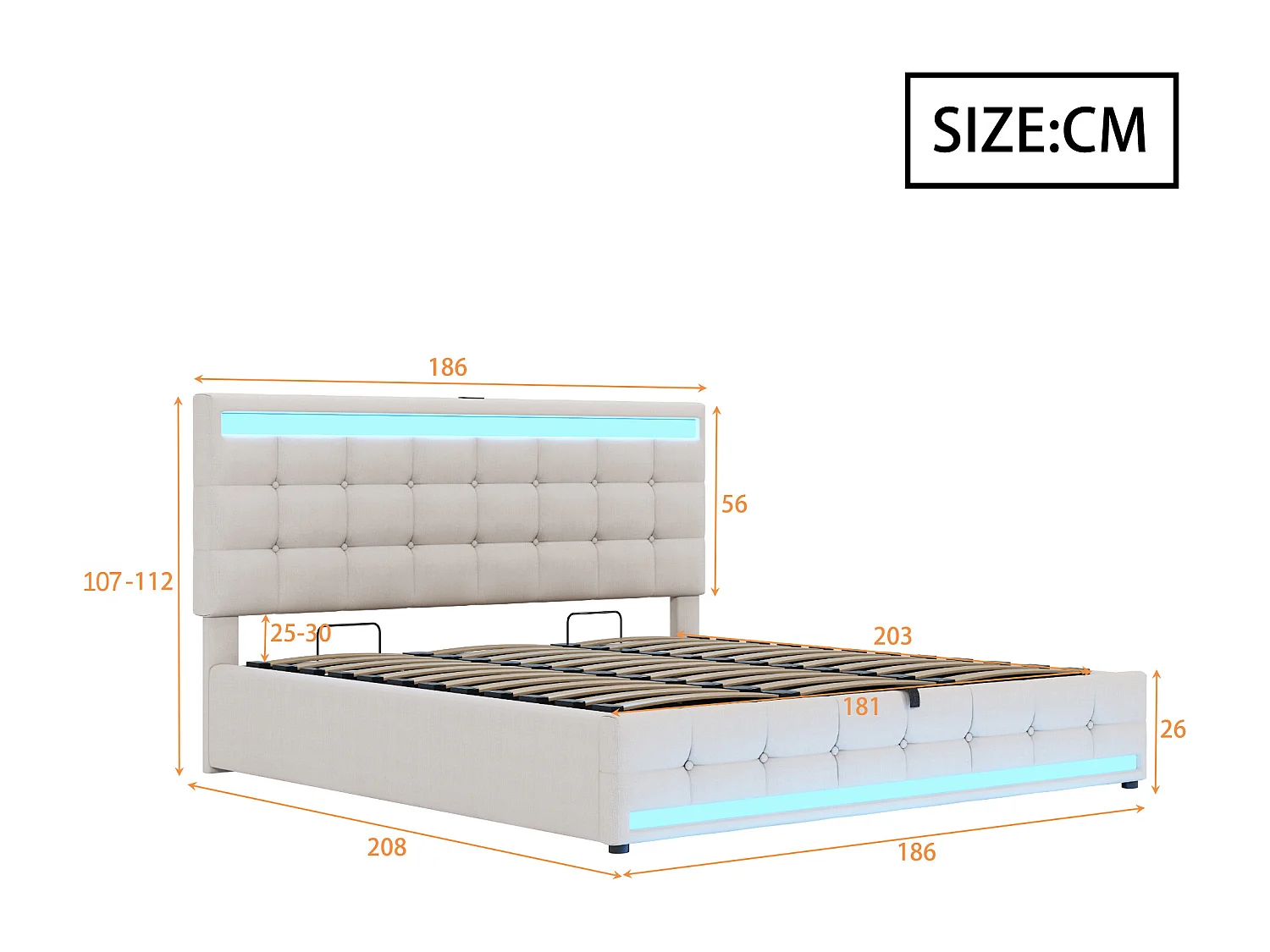Lit rembourré 180×200 cm avec espace de rangement hydraulique et éclairage LED RGB, beige