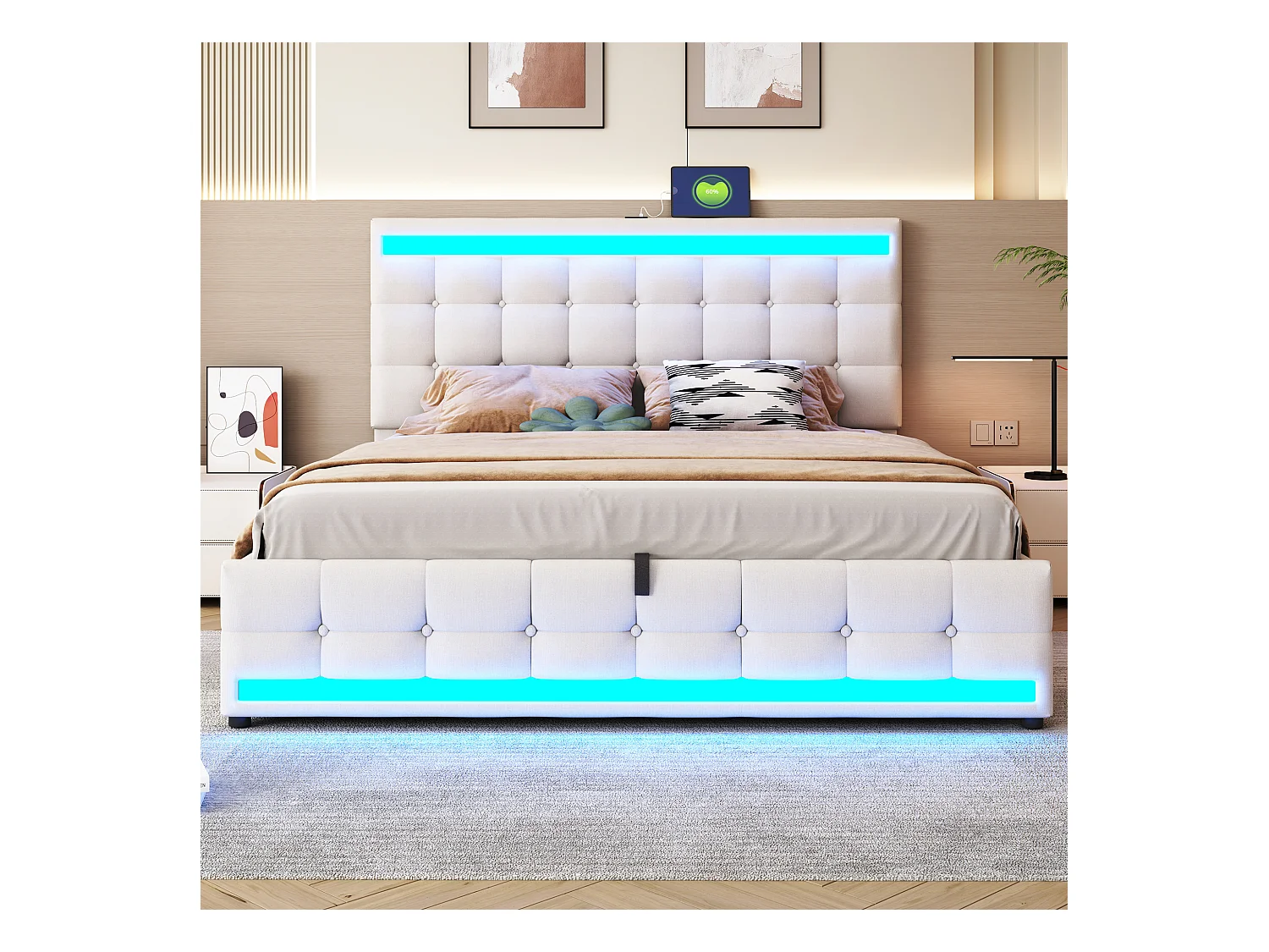 Lit rembourré 180×200 cm avec espace de rangement hydraulique et éclairage LED RGB, beige
