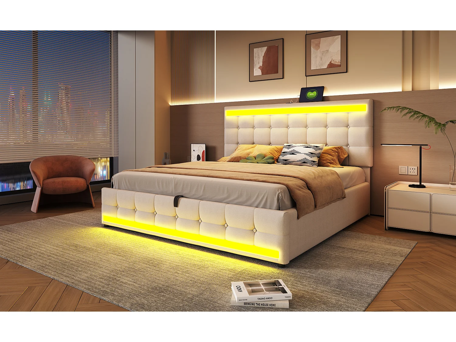 Lit rembourré 180×200 cm avec espace de rangement hydraulique et éclairage LED RGB, beige