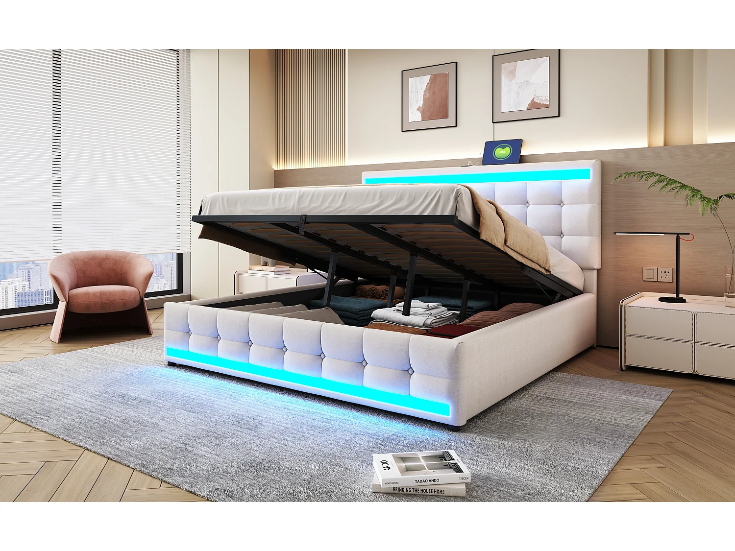 Lit rembourré 180×200 cm avec espace de rangement hydraulique et éclairage LED RGB, beige