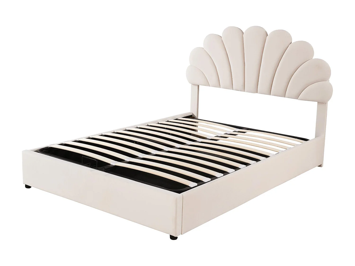 Lit rembourré 140x200 cm, tête fleurie, sommier, rangement hydraulique, velours beige, lit junior