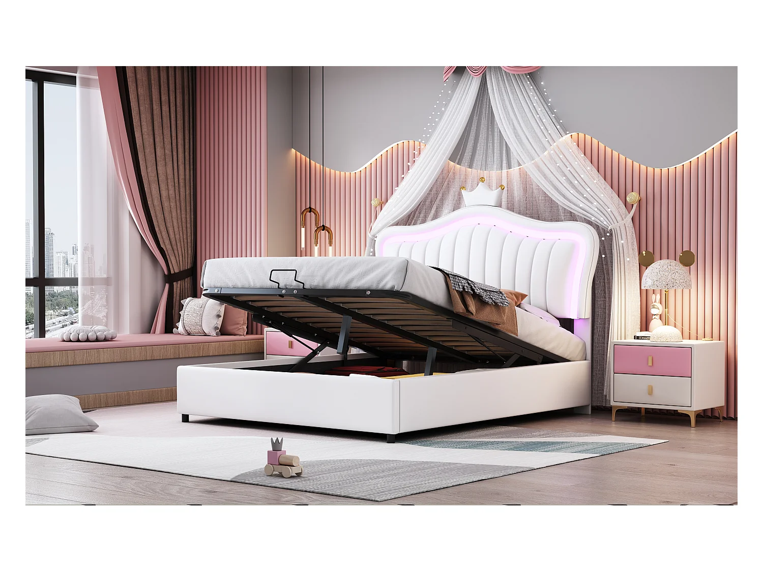 Lit enfant rembourré 140x200 cm, lit fille couronne blanche avec rangement hydraulique, PU cuir, LED et sommier