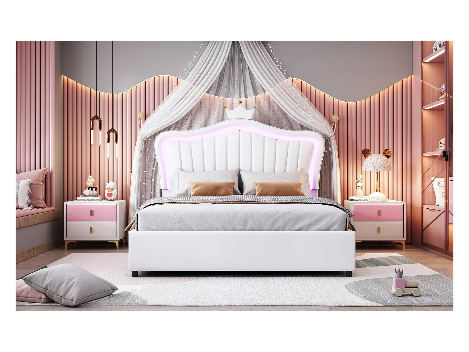 Lit enfant rembourré 140x200 cm, lit fille couronne blanche avec rangement hydraulique, PU cuir, LED et sommier