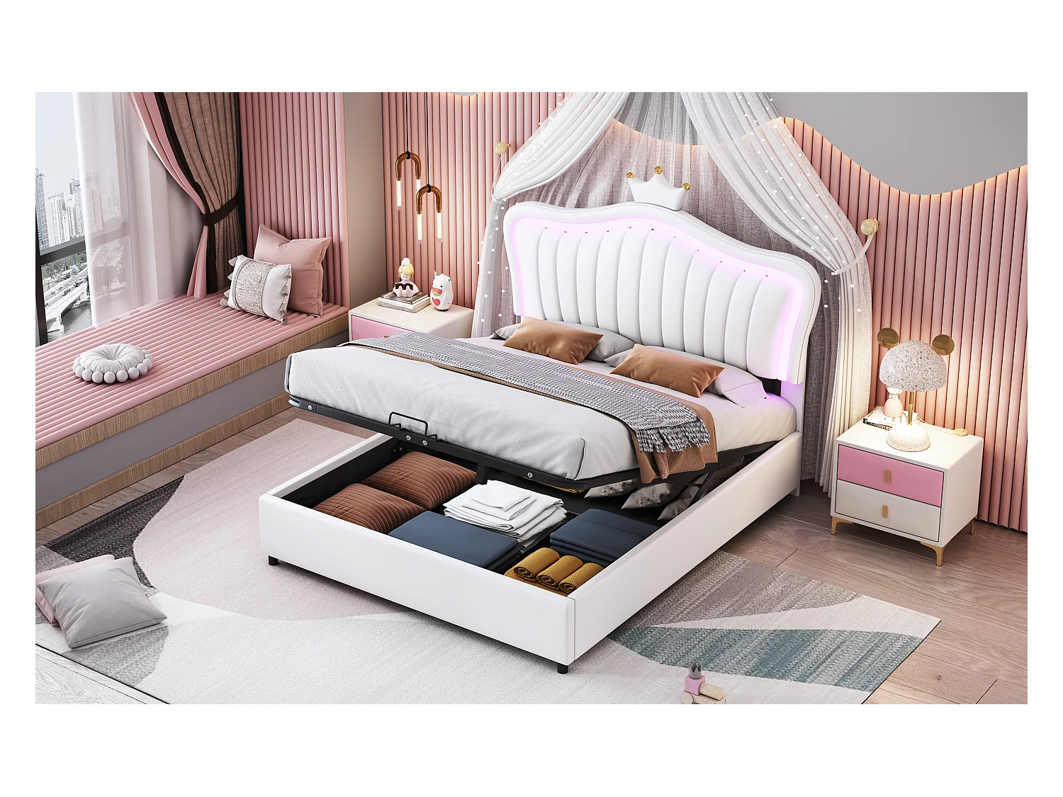 Lit enfant rembourré 140x200 cm, lit fille couronne blanche avec rangement hydraulique, PU cuir, LED et sommier