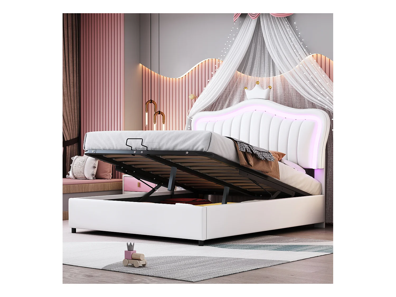 Lit enfant rembourré 140x200 cm, lit fille couronne blanche avec rangement hydraulique, PU cuir, LED et sommier