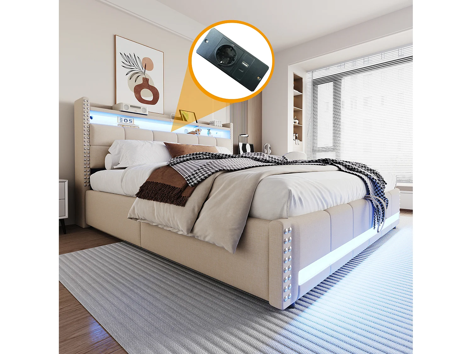 Lit rembourré 180×200 cm avec éclairage LED et prise USB, tête de lit avec étagères et rangement, système hydraulique