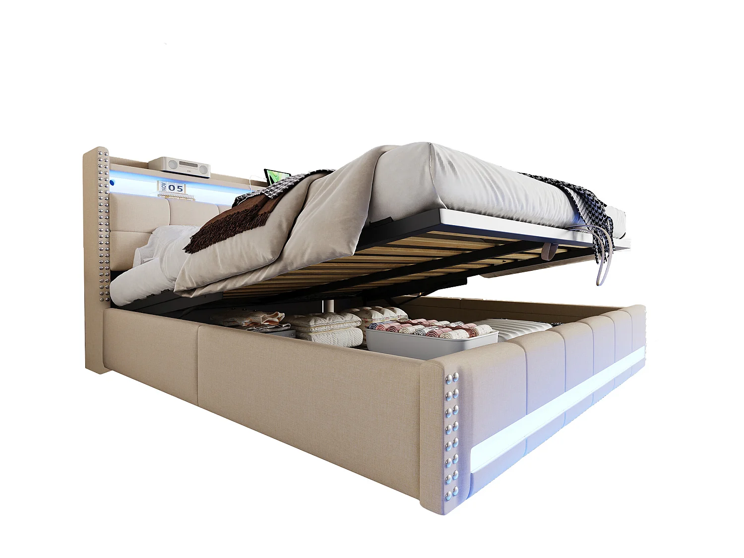 Lit rembourré 180×200 cm avec éclairage LED et prise USB, tête de lit avec étagères et rangement, système hydraulique