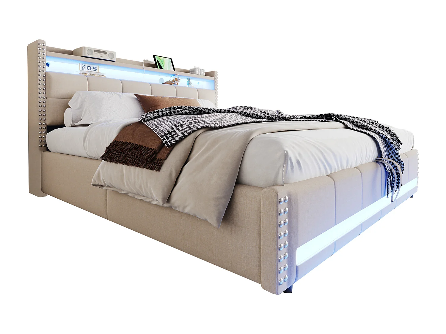 Lit rembourré 180×200 cm avec éclairage LED et prise USB, tête de lit avec étagères et rangement, système hydraulique