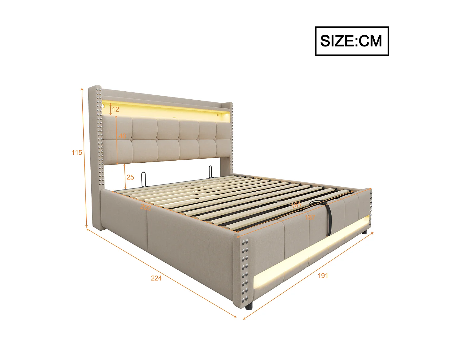 Lit rembourré 180×200 cm avec éclairage LED et prise USB, tête de lit avec étagères et rangement, système hydraulique