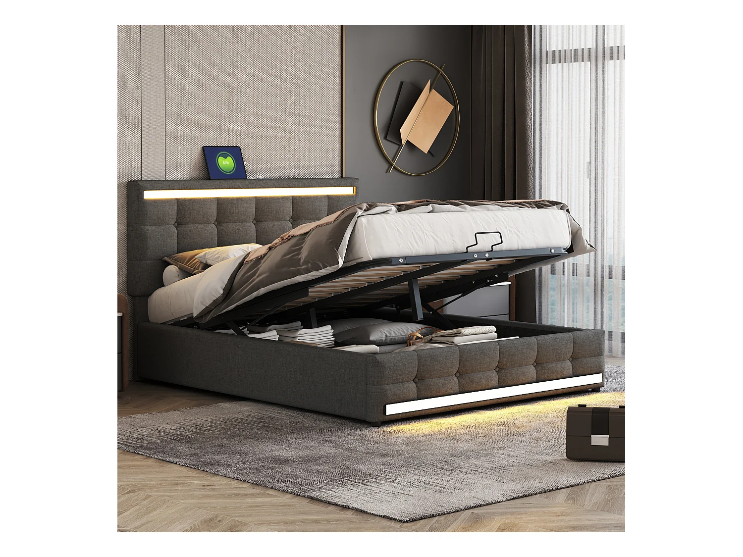 Lit rembourré 140×200 cm avec éclairage LED, rangement spacieux et 2 ports USB