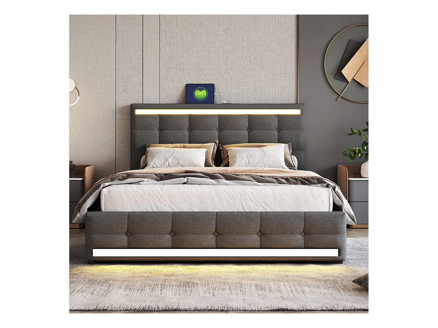 Lit rembourré 140×200 cm avec éclairage LED, rangement spacieux et 2 ports USB