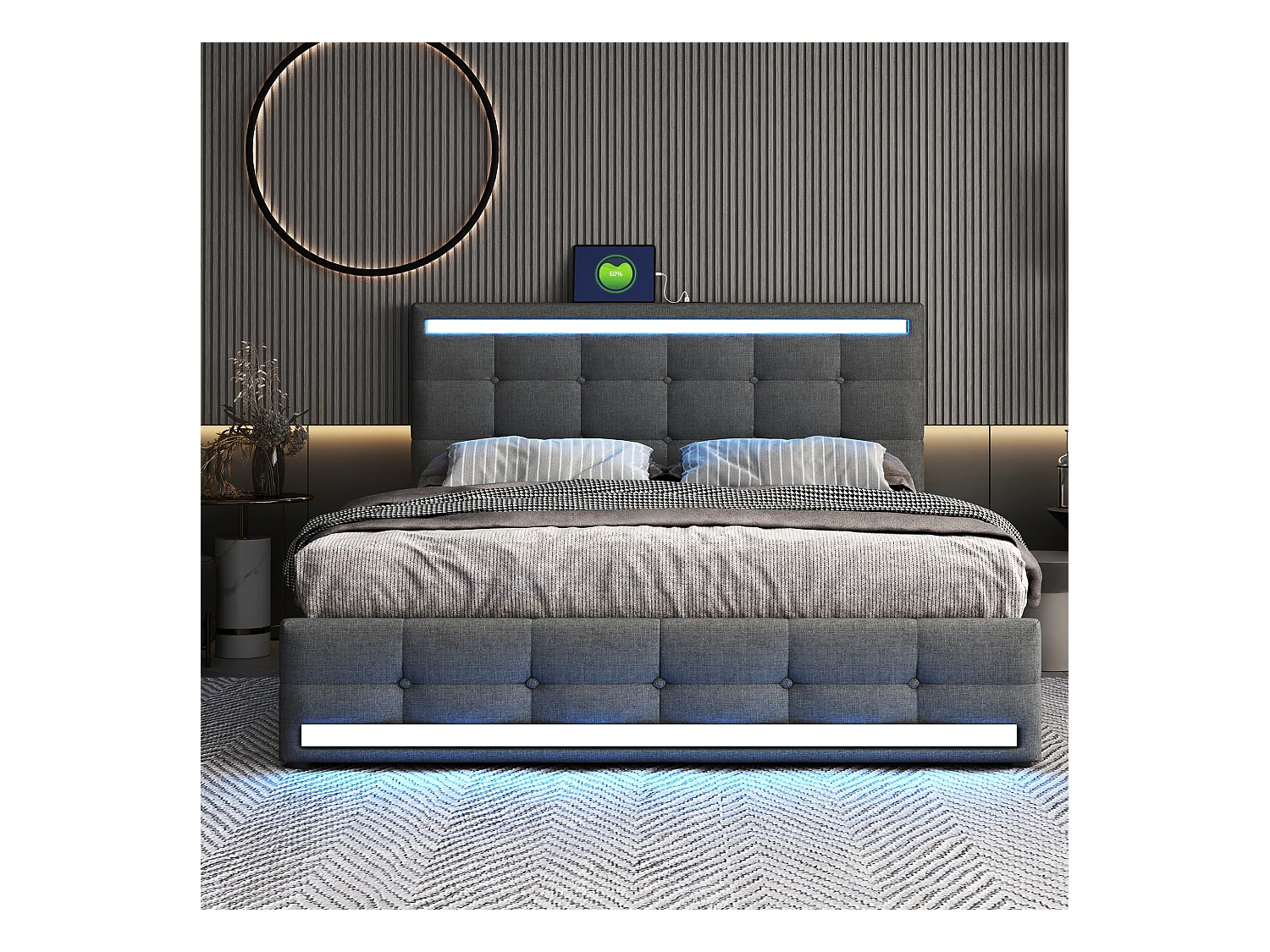 Lit rembourré 140×200 cm avec éclairage LED, rangement spacieux et 2 ports USB